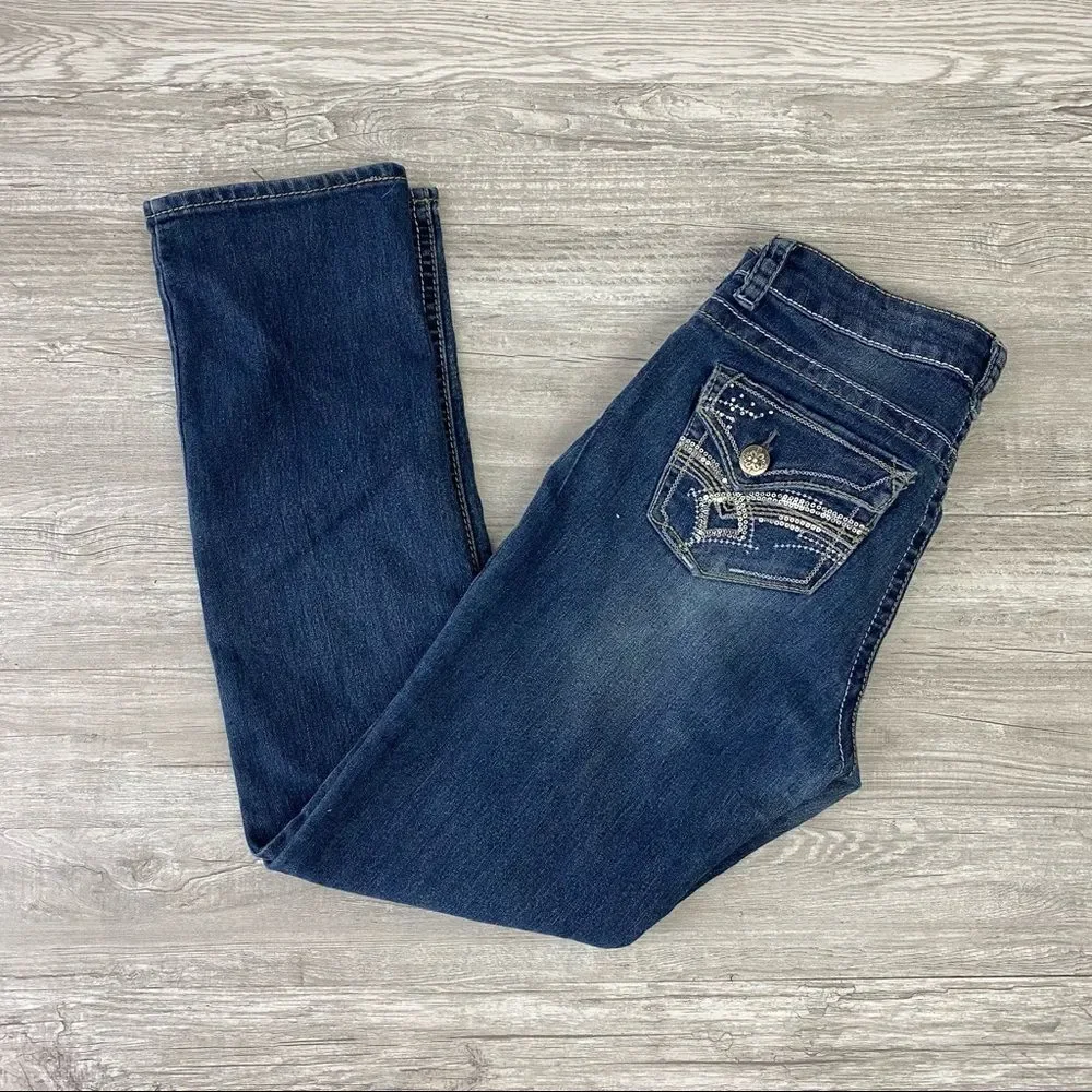 Roz & Ali Sequin Rhinestone Back Pocket Blue Jeans
